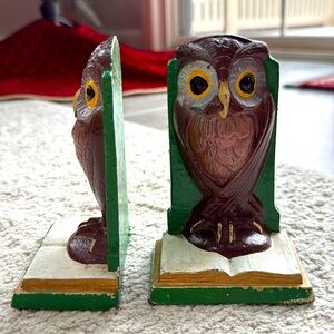 VINTAGE Antique Solid Cast Iron Owl on Book Bookends 1940s- 60's